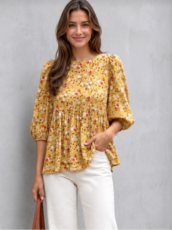 Vici Tops - VICI Floral Babydoll Peplum Mustard  Mini floral Yellow Boho Cottagecore Top